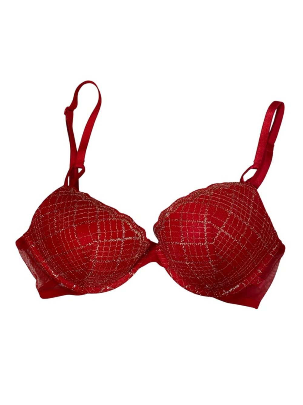 Victoria's Secret Red and Gold Plaid Embellished Push-Up Bra 34C Gently Used